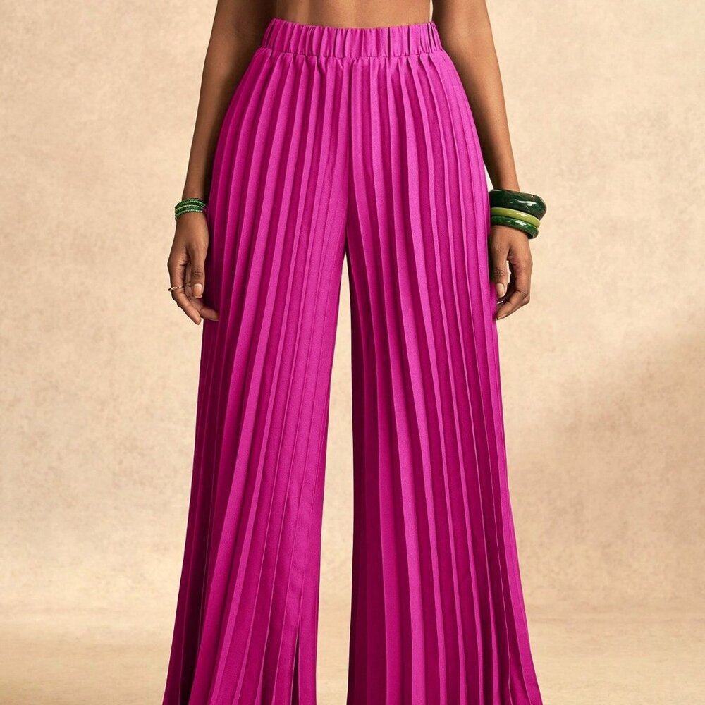 Hot Pink Casual Women's Pleated Elastic Waist Wide-Leg Pants - Picture 7 of 8